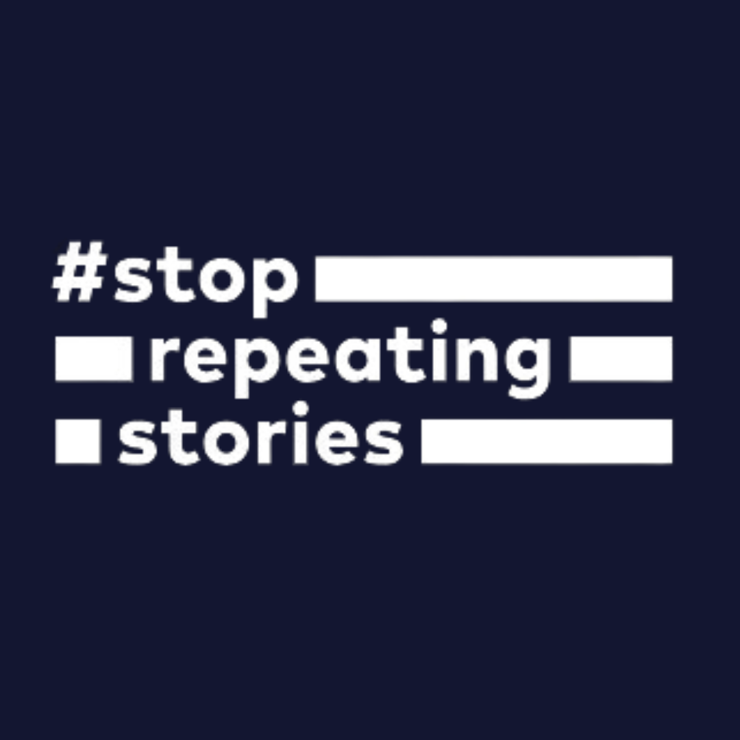 blue and white "Stop repeating stories" logo