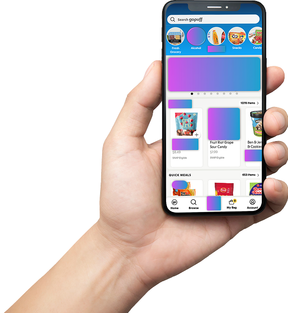 Hand holds smartphone with gopuff shopping site