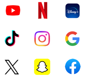 Youtube, Netflix, Disney+, Tikok, Instagram, Google, X, Snapchat and Facebook Logos against a transparent background