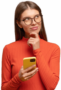 visual of a woman with an orange shirt and brown long hair, wearing glasses and holds a spmartphone in her hands